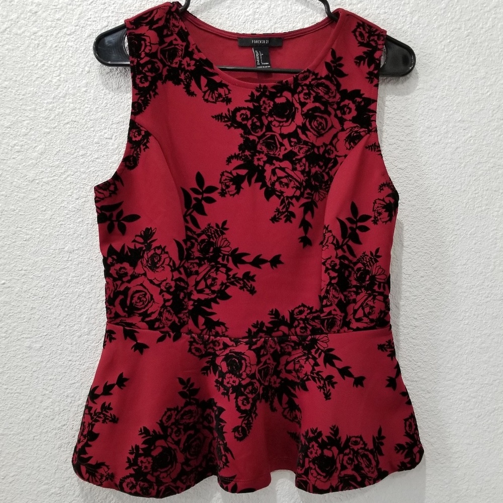 Forever21 peplum size L blouse black flowers